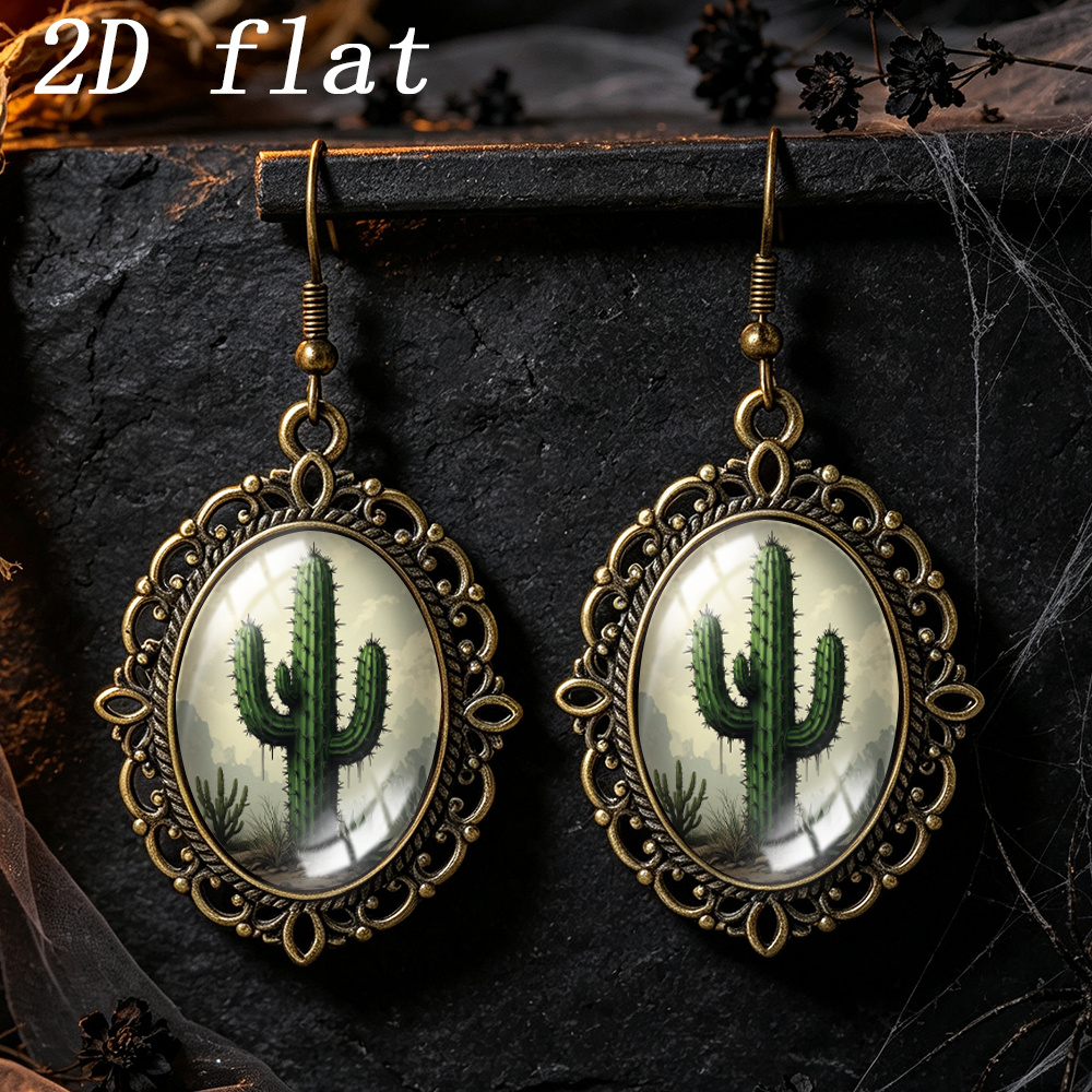 Desert Cactus Pattern Oval Dangle Earrings, Handmade Gift